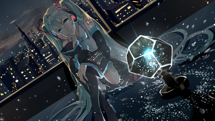 Hatsune Miku from Vocaloid on a rooftop at night