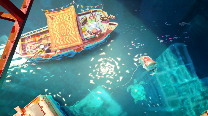 Boat with person, dog, turtle, and fish in the sea