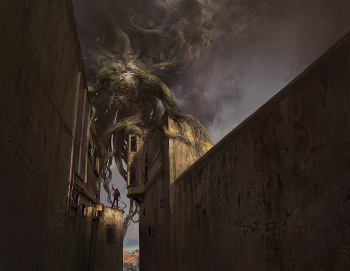 Giant Cthulhu creature emerging from clouds over city alley