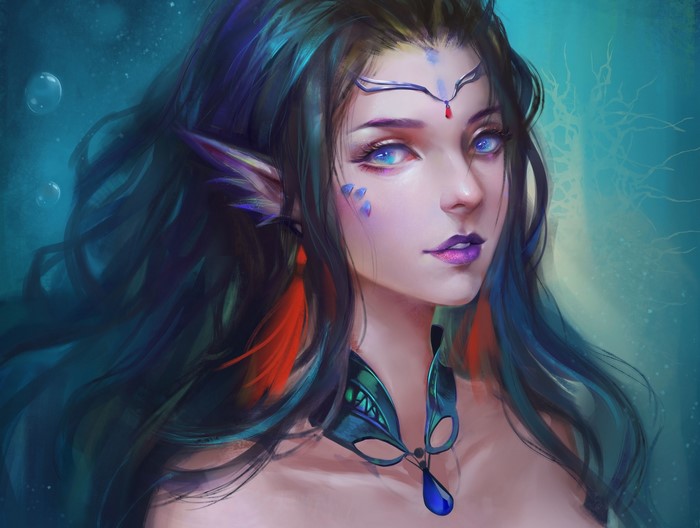 Fantasy girl with blue eyes and long dark hair