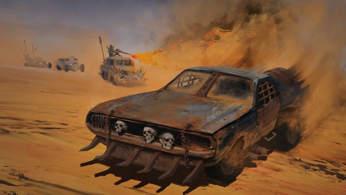 Mad Max vehicles in a desert chase