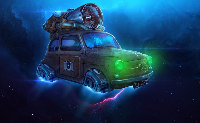 Futuristic car with jet engine in space