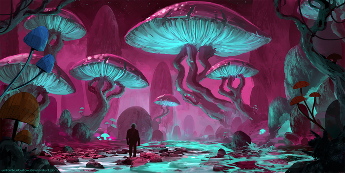 Silhouette Among Giant Glowing Mushrooms by Anton Kurbatov