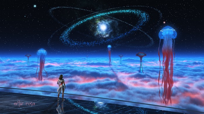 Futuristic space landscape with jellyfish structures over clouds