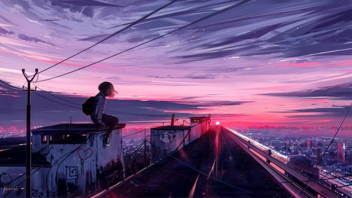 Girl on rooftop overlooking cityscape at sunset