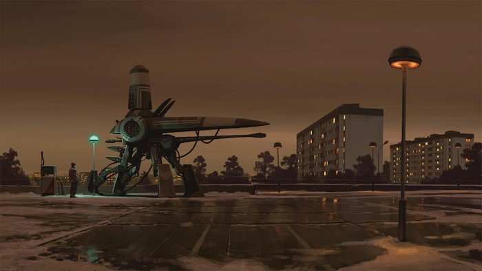 Robot refueling at a gas station with apartment buildings in background