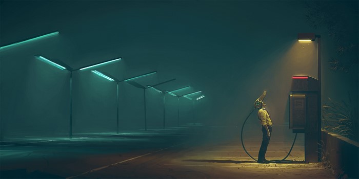 Man with cybernetic headpiece at a charging station