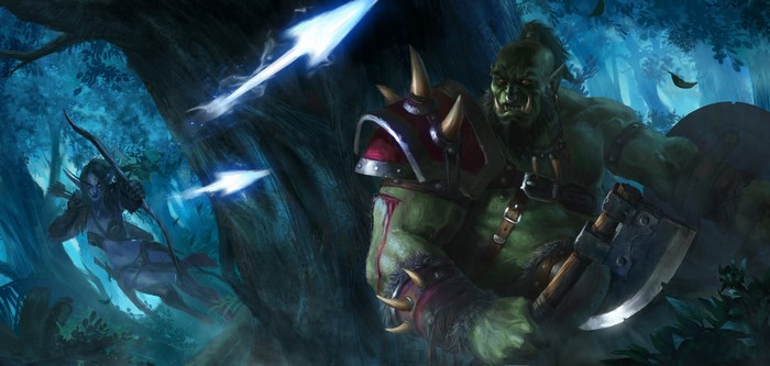 Orc Warrior and Night Elf Archer in Forest Battle
