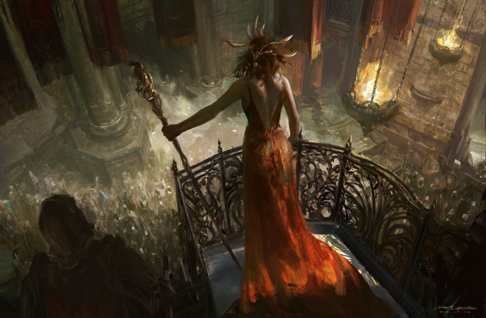Woman in red dress holding a staff on a balcony
