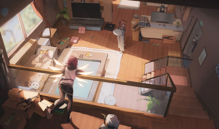 Anime girls in a room, 4K