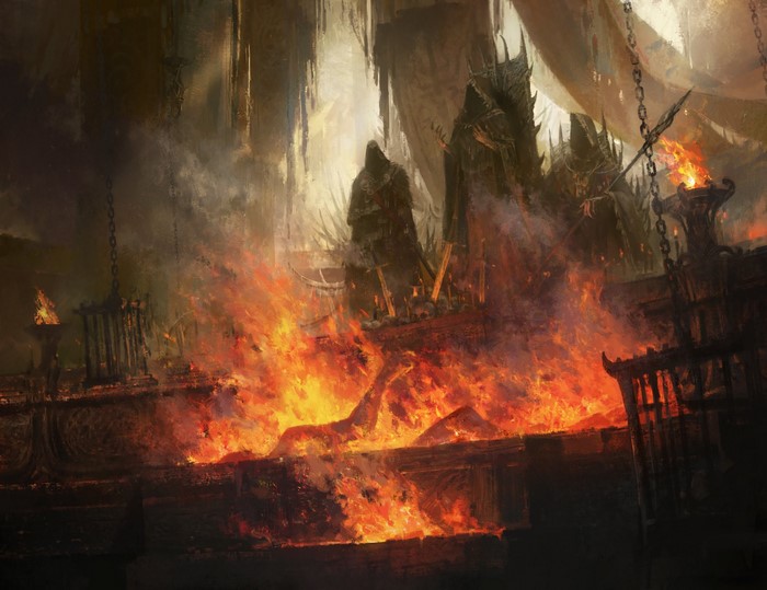 Fantasy art of figures in hoods around a fire