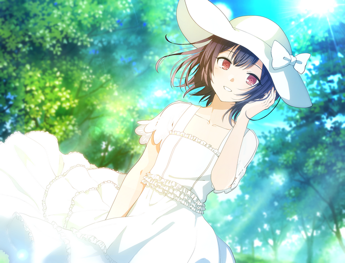 Anime girl in white dress and hat in a forest