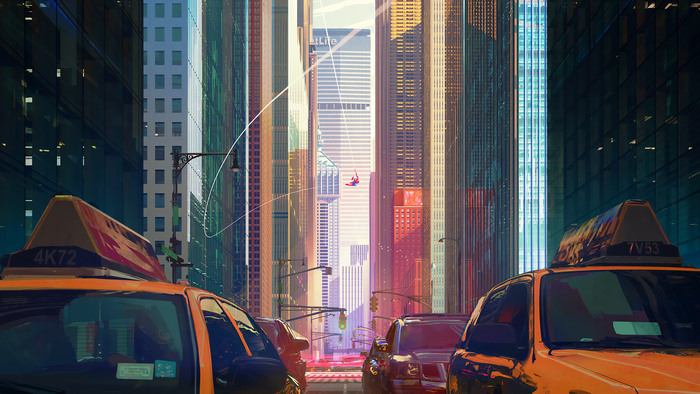 Spider-Man swinging through New York City