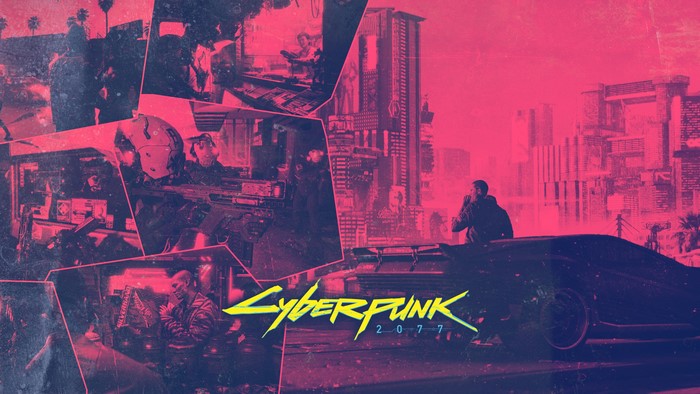 Cyberpunk 2077 logotype with cityscape and car
