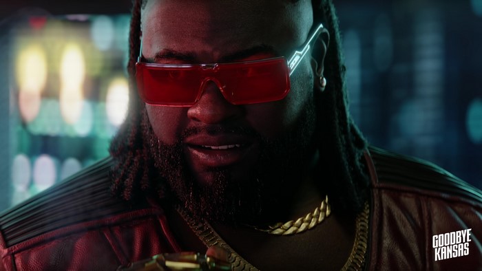 Man with red glasses in Cyberpunk 2077