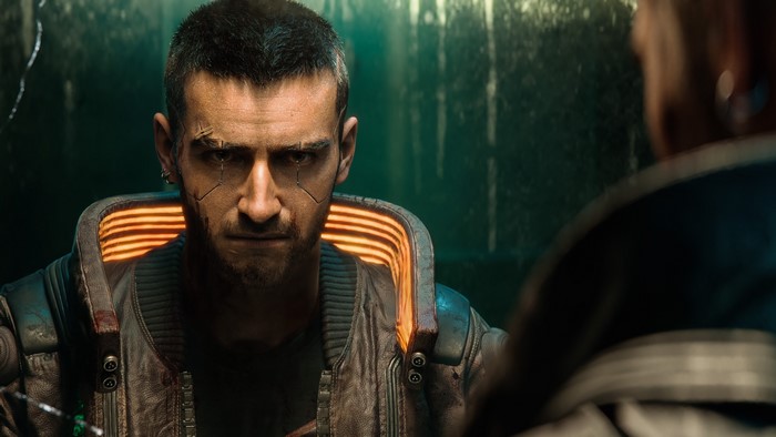 Man with cybernetic implants from Cyberpunk 2077