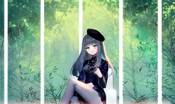 Anime girl with gray hair and green eyes wearing a black beret