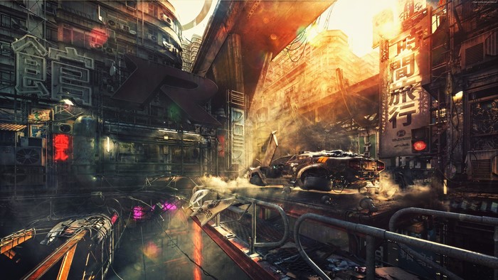 Cyberpunk city street with futuristic vehicle