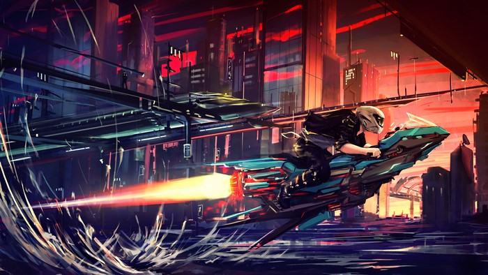 Cyberpunk cityscape with a person riding a futuristic motorcycle