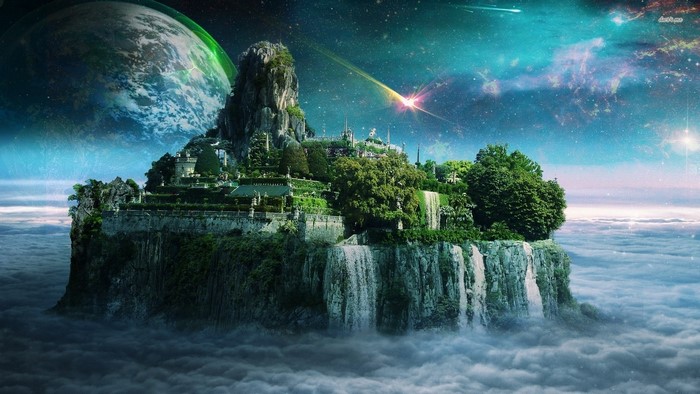 Fantasy island with waterfalls in space with a planet
