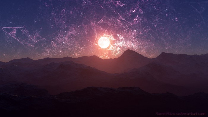 Digital art landscape of mountains under a fractured moonlit sky