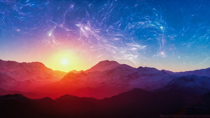 Surreal fractal sky over snow-capped mountains at sunrise