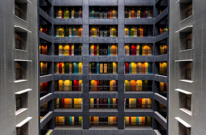 Colorful doors in a modern building atrium