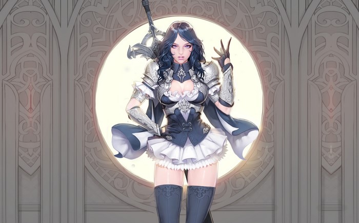 Anime girl in armor with blue hair and sword