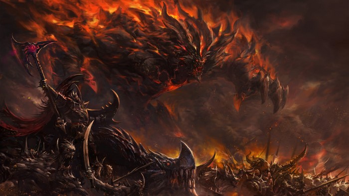 Fantasy warrior with axe facing a fiery dragon creature