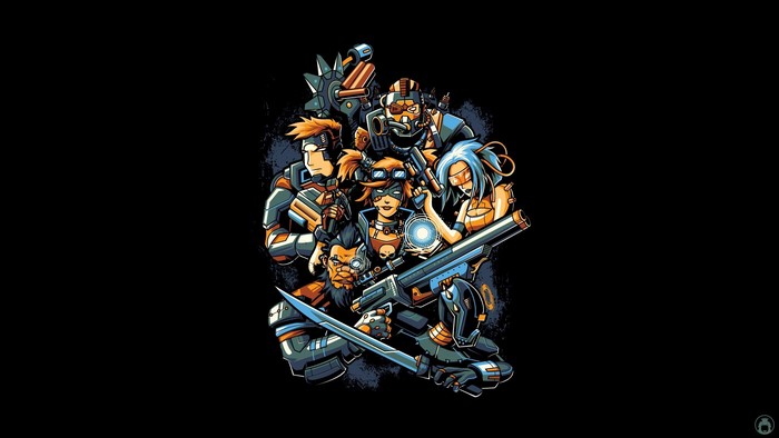 Borderlands characters with weapons on black background