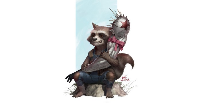 Rocket Raccoon holding Bucky Barnes' arm from Marvel Comics