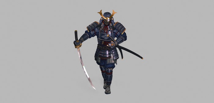 Samurai warrior in armor with katanas
