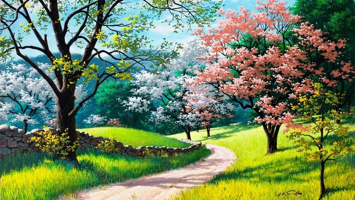 Artwork by Arthur Saron Sarnoff of a spring landscape with trees