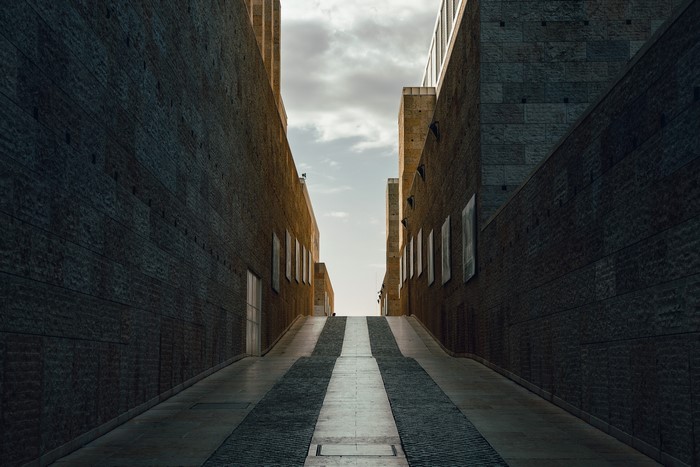 Street between modern buildings in Lisbon, Portugal