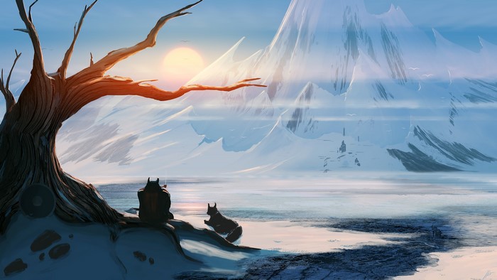 Fantasy art of a dwarf and wolf in snowy mountains