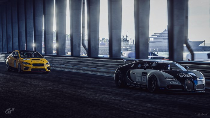 Subaru WRX and Bugatti Veyron racing in Gran Turismo Sport