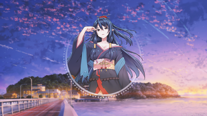 Anime girl in kimono with background