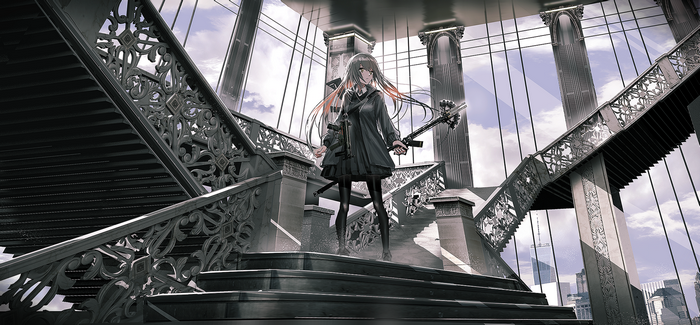 Anime girl with weapon on ornate stairs
