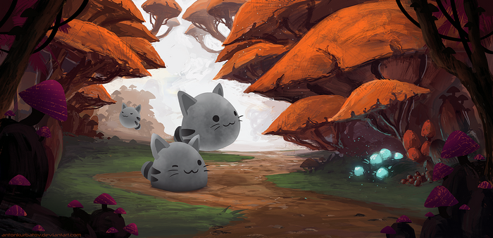 Gray cat slimes in a fantasy mushroom forest