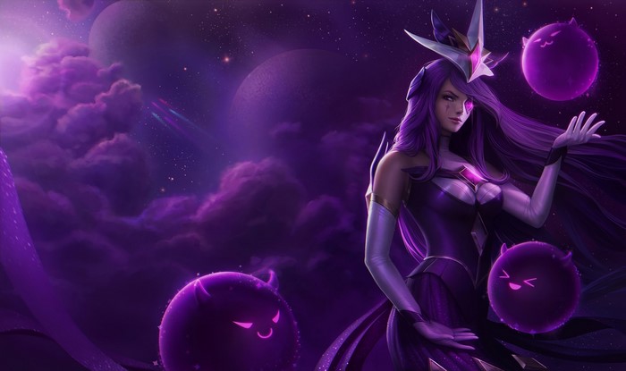 Syndra from League of Legends in a cosmic setting