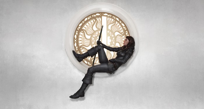 Fantasy girl with staff in ornate window