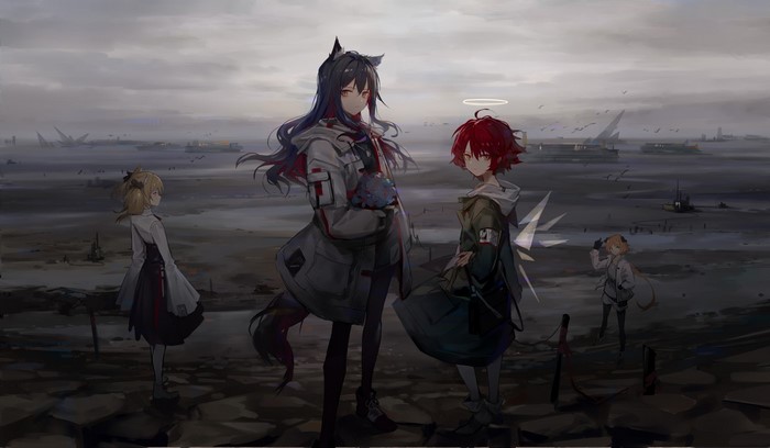 Four girls in a desolate landscape, Arknights