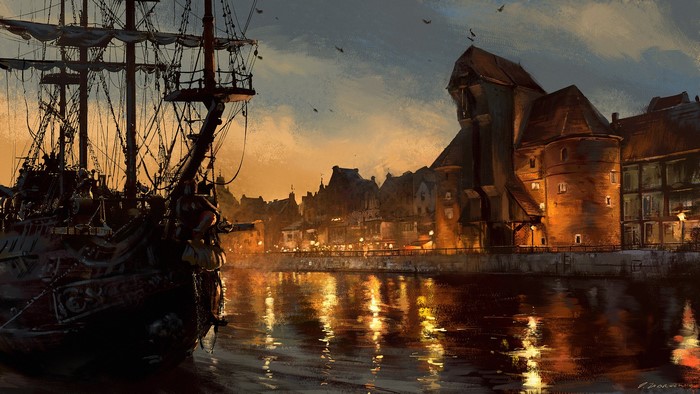 Sailing ship docked in Gdańsk at sunset