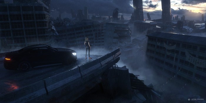 Apocalyptic Cityscape with Woman and Car