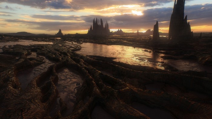 Fantasy landscape with rock spires at dusk