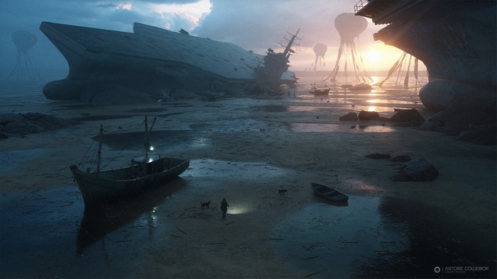 Apocalyptic beach with crashed aircraft carrier and alien jellyfish