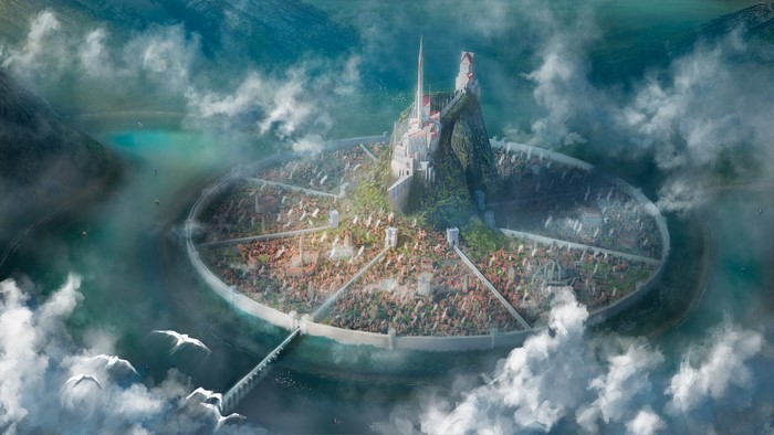 Fantasy City with Castle and Tower in Clouds