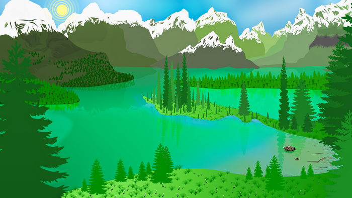 Digital illustration of a mountain lake landscape