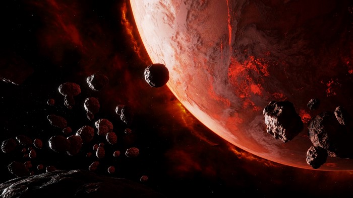 Asteroids and a Red Planet in Space