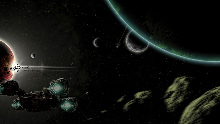 Science fiction space scene with planets and spaceship